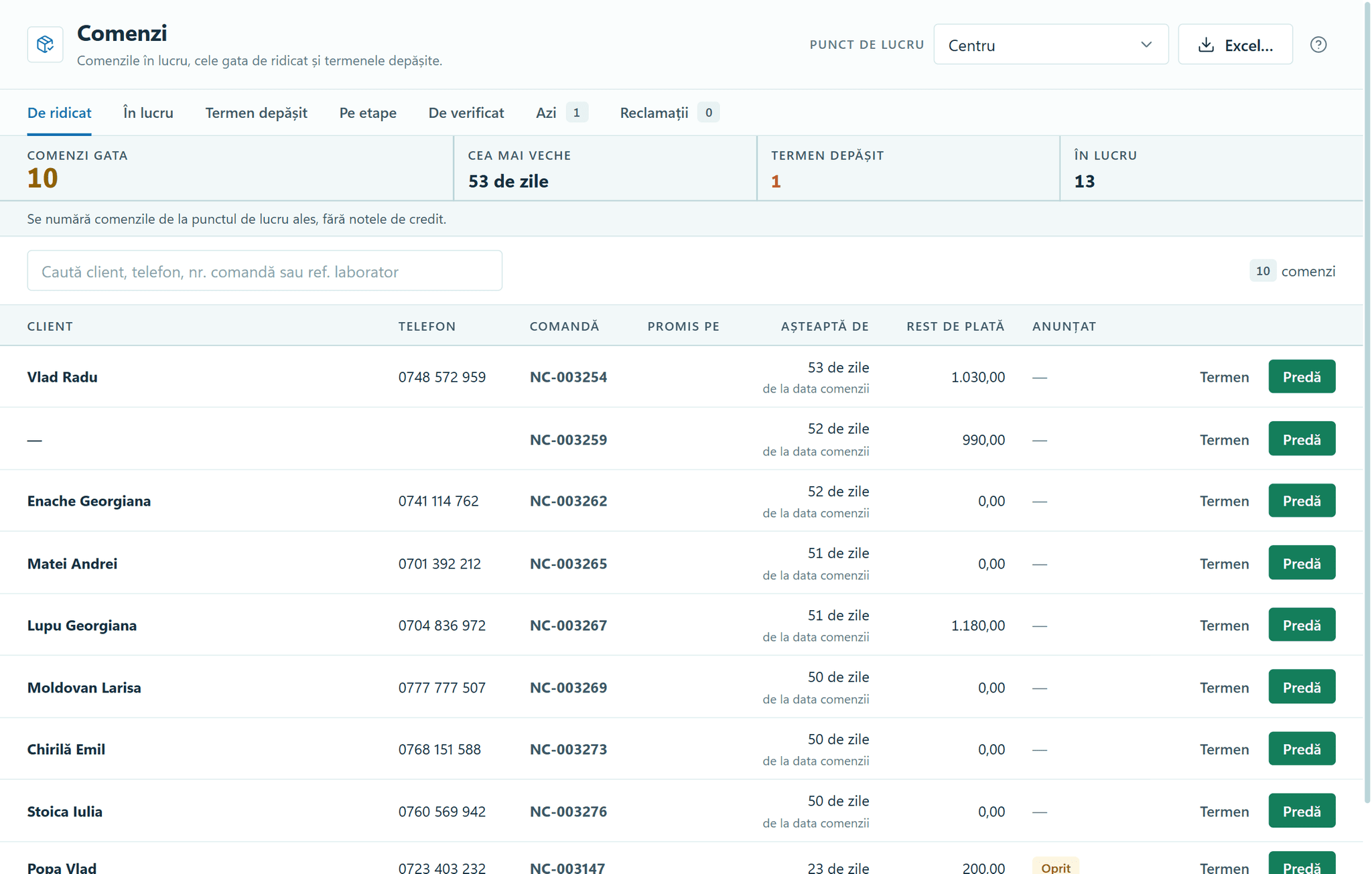 The Orders module in OptiSwift: the “Ready for collection” list, with 10 pairs ready, the oldest waiting 53 days. Each row shows how many days the pair has waited, the balance due and the “Hand over” button.