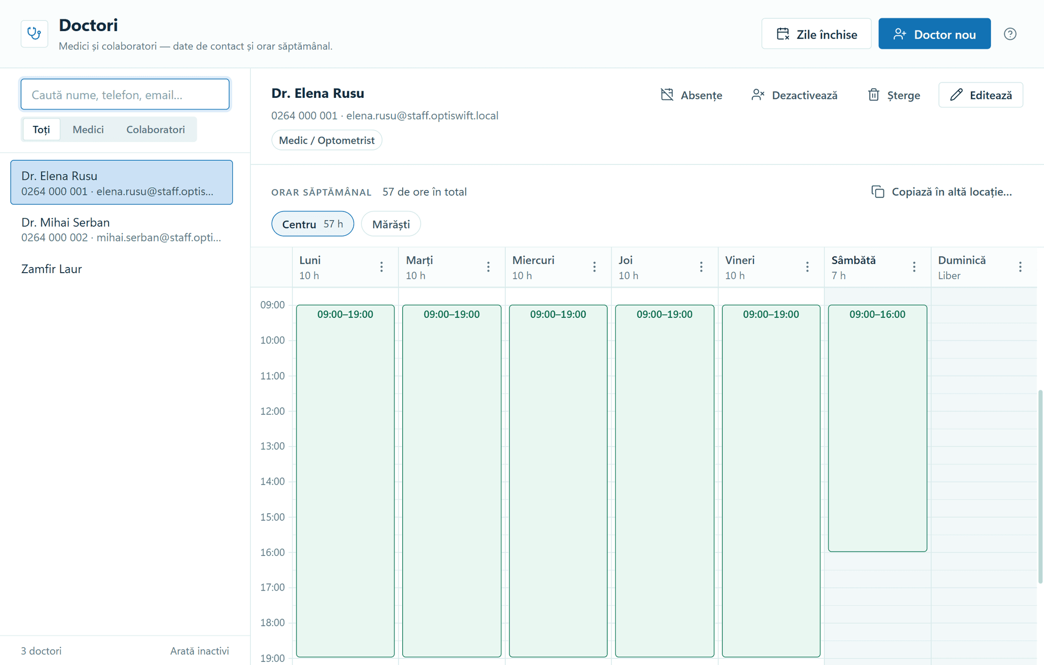 The Doctors module in OptiSwift: Dr Elena Rusu’s weekly schedule at one location, Monday to Saturday, 57 hours a week, with the Absences, Deactivate and Edit actions.