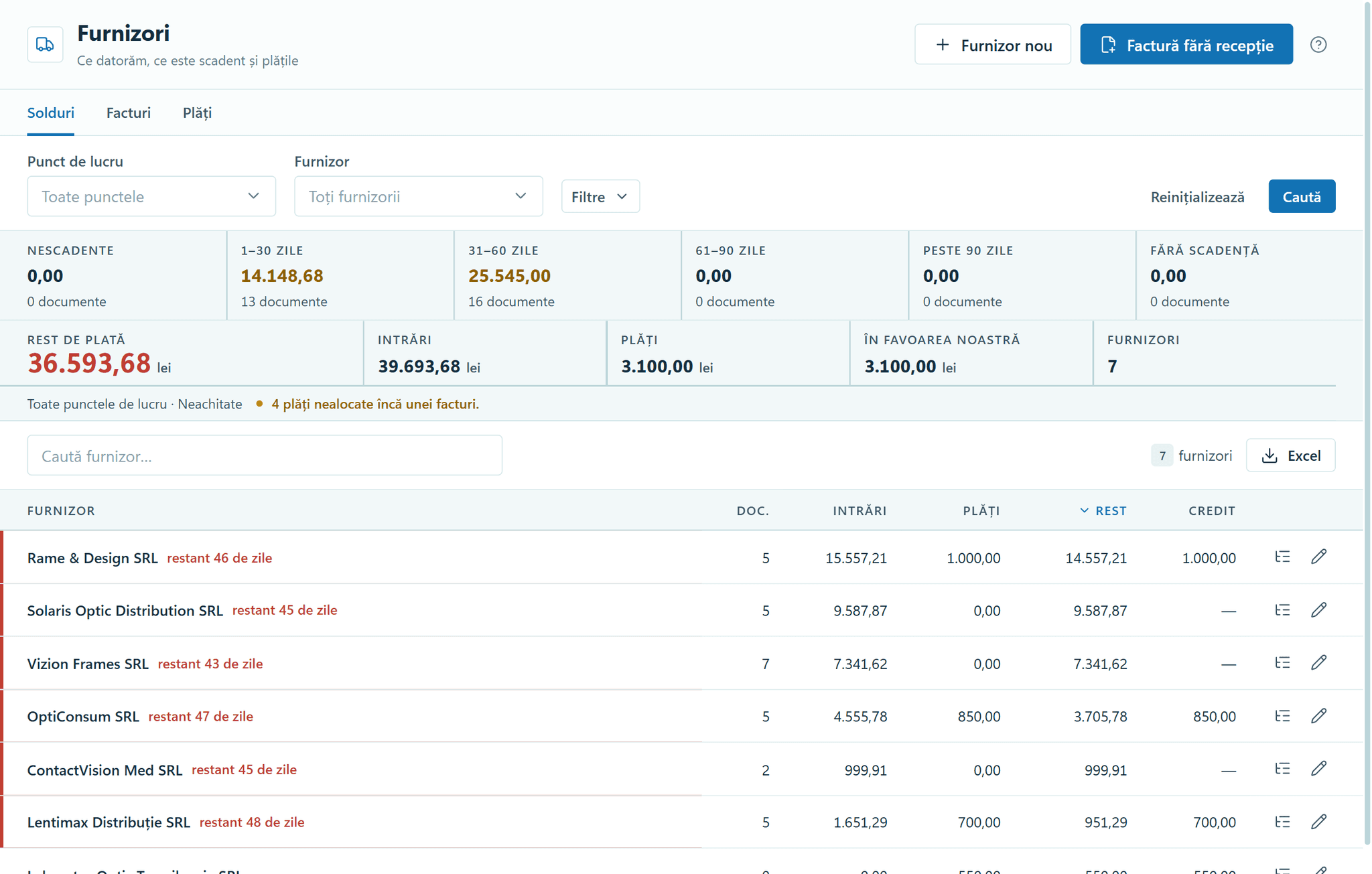 The Suppliers module in OptiSwift: supplier balances, with the debt-ageing band, the total still to pay and one row per supplier, with the days overdue.