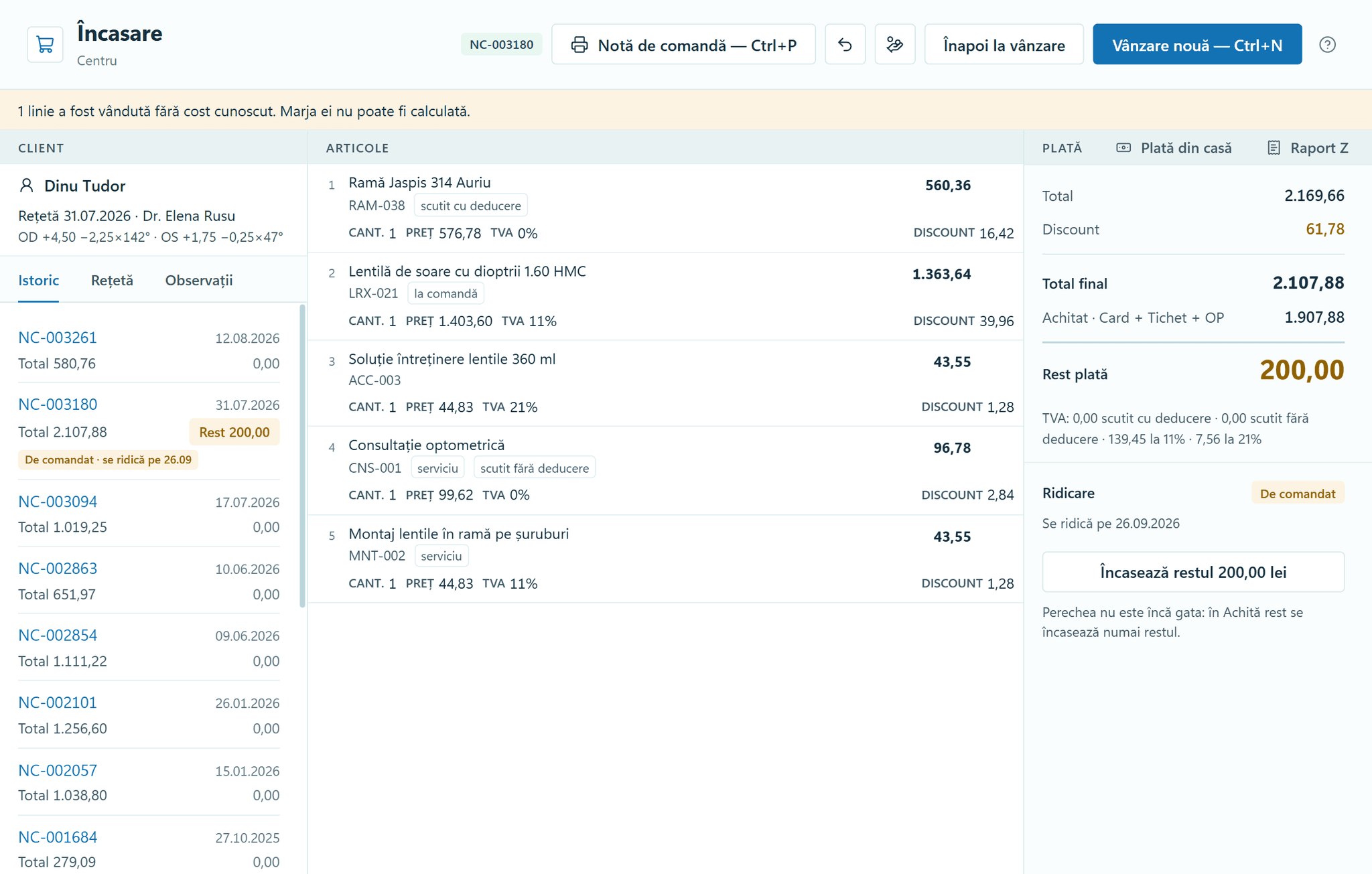 The Checkout module in OptiSwift: sale NC-003180 for Dinu Tudor, with a frame, a lens to be ordered to prescription, lens solution, a consultation and fitting, across three VAT rates. Payment is split between card, voucher and bank transfer, leaving 200.00 to pay. Collection is set to “To order”, for 26 September 2026. On the left, the customer’s prescription and purchase history.