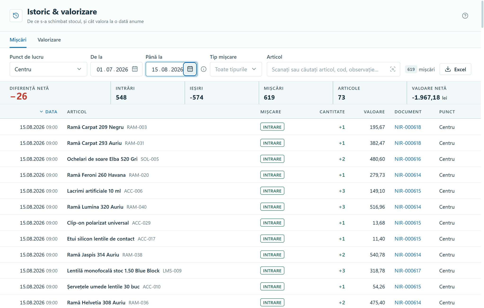 The History and valuation module in OptiSwift: the register of stock movements at one location between 1 July and 15 August 2026, with goods in and goods out, and one row per movement with its document number.