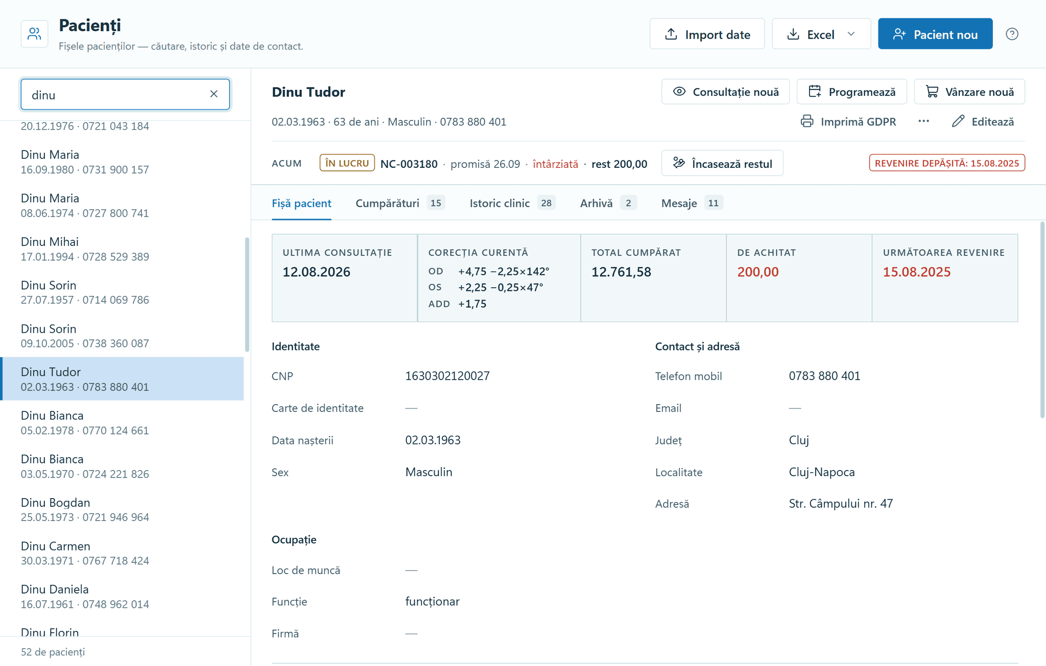 The Patients module in OptiSwift: the list filtered by “dinu” and Dinu Tudor’s patient record. At the top, order NC-003180 in progress, with a balance of 200.00 due and the “Collect balance” button. Below, the patient summary: the last consultation, the current correction for the right and left eye with the addition, the total purchased, the amount due and the next recall, then identity and contact details.