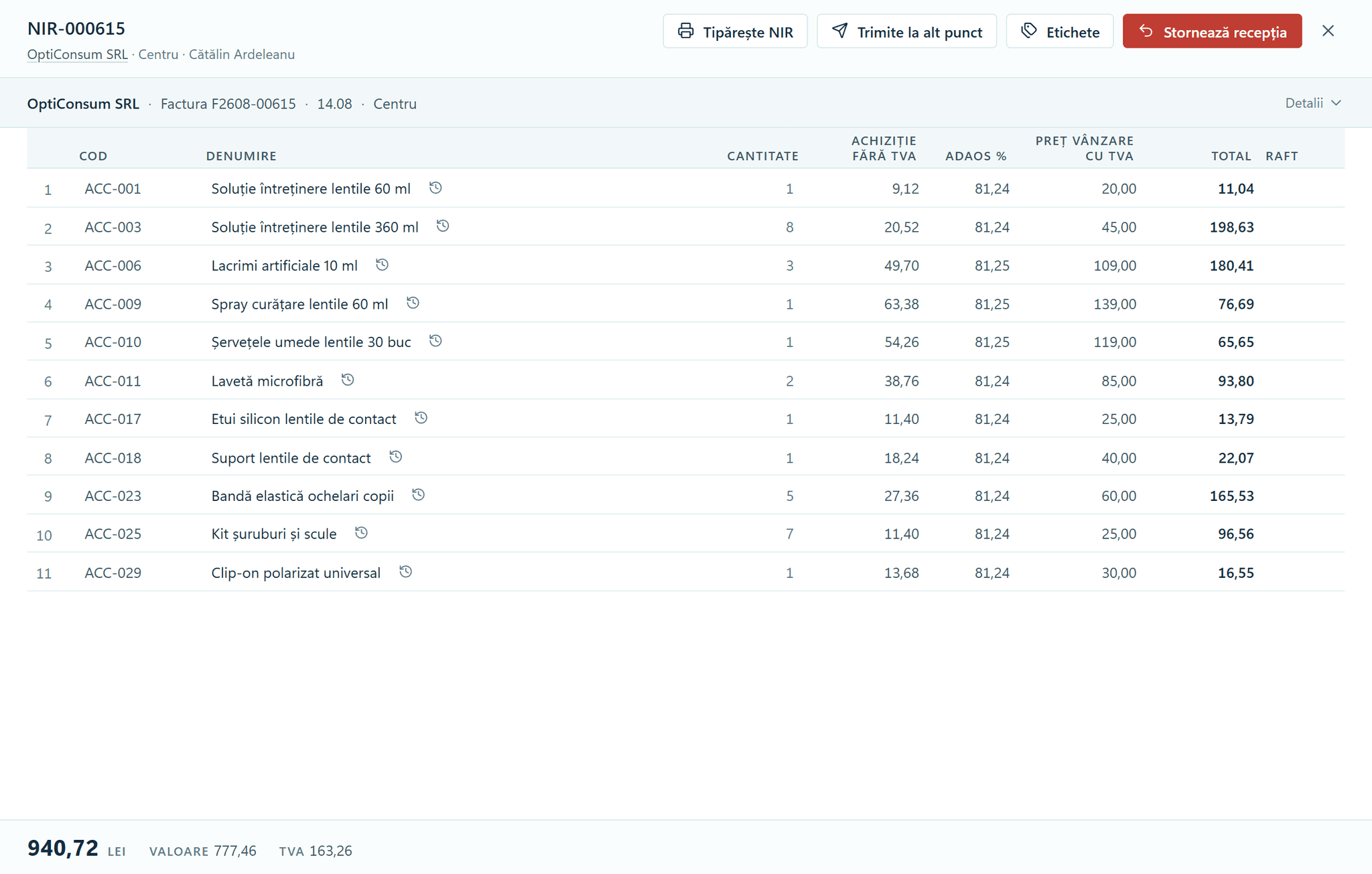 The Goods receipts module in OptiSwift: a finalised goods received note from OptiConsum SRL, with 11 lines. Each line shows the purchase price excluding VAT, the VAT, the markup as a percentage, the sale price including VAT and the value.