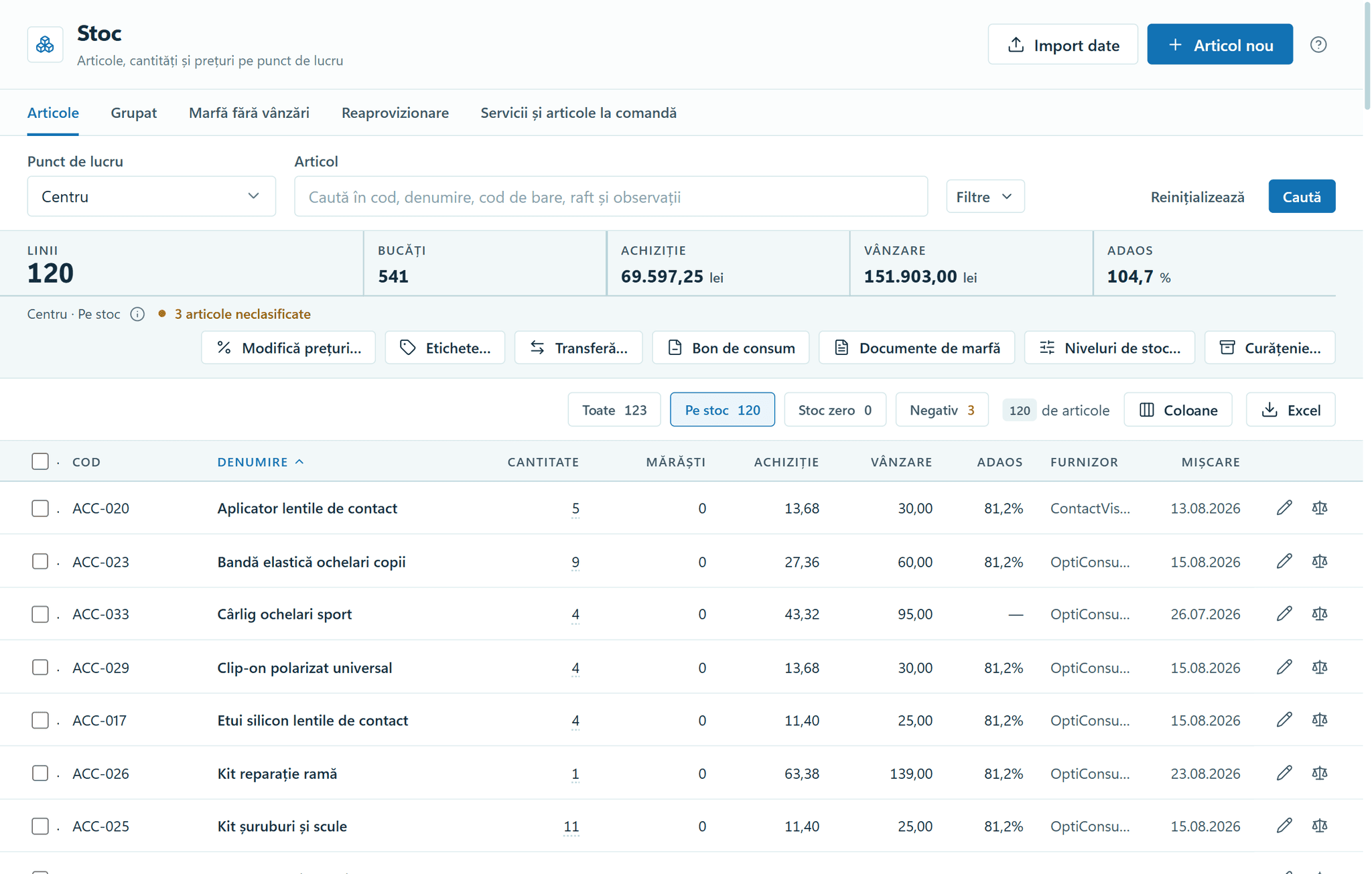 The Stock module in OptiSwift: the items in stock at one location, with the number of lines and units, the purchase and sale value, and the average markup. In the table, each item also shows the quantity held at the other location.